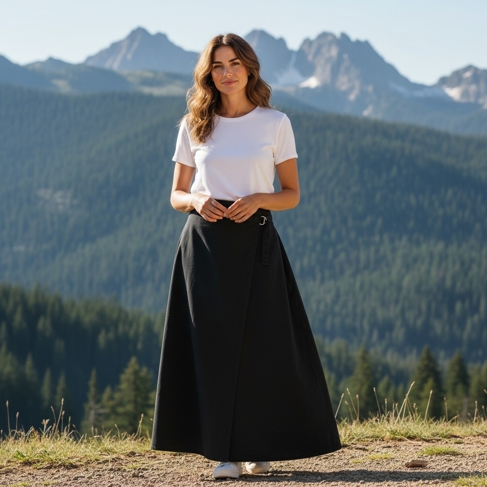 Vintage Charcoal Gray/Black Hi Waisted Denim Maxi Skirt with Double Ring Belt